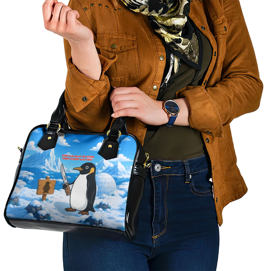 Flight Was Never An Option Funny Penguin With Knife Shoulder Handbag Animal Meme Humor Comic Graphic