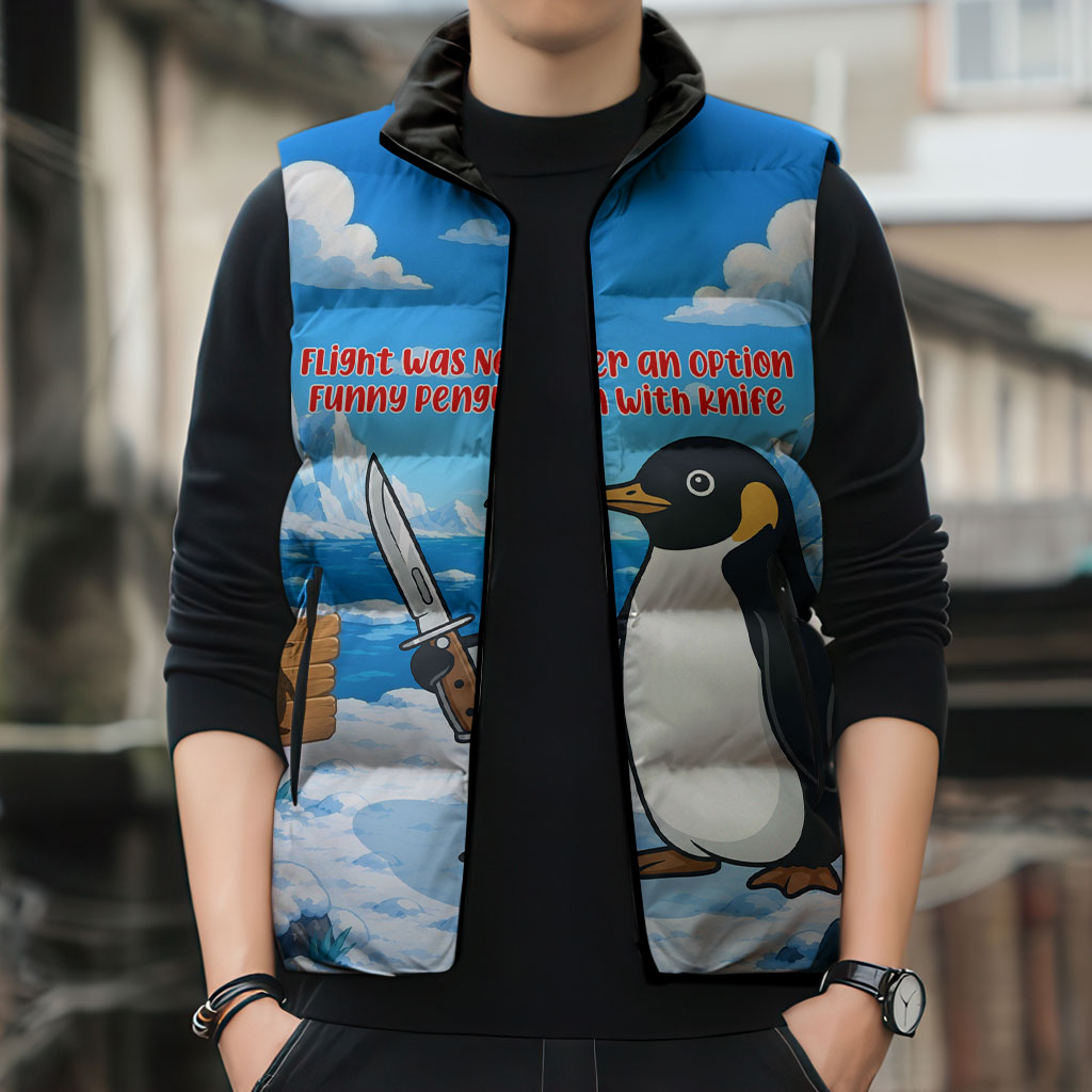 Flight Was Never An Option Funny Penguin With Knife Sleeveless Puffer Jacket Animal Meme Humor Comic Graphic