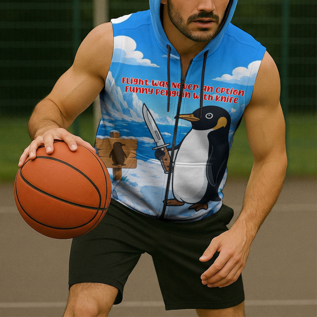 Flight Was Never An Option Funny Penguin With Knife Sleeveless Zip Hoodie Animal Meme Humor Comic Graphic