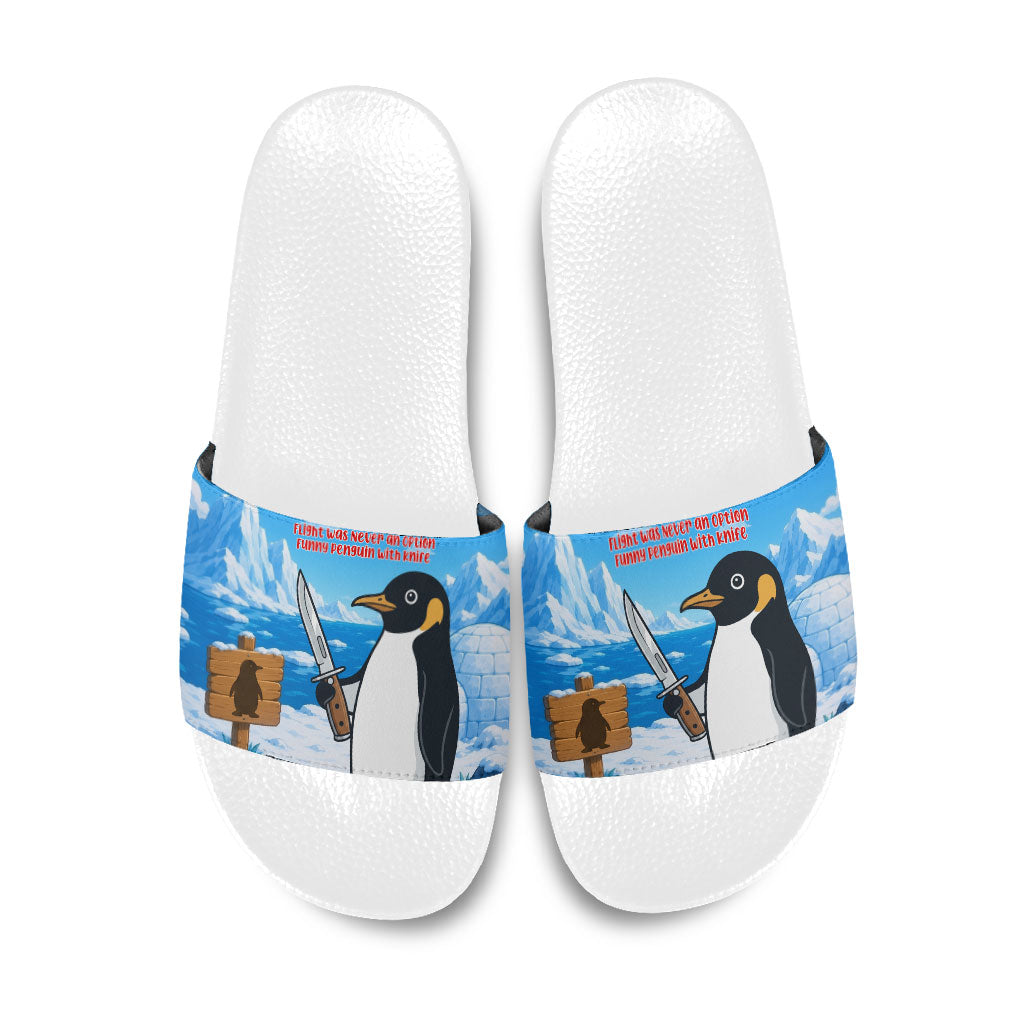 Flight Was Never An Option Funny Penguin With Knife Slide Sandals Animal Meme Humor Comic Graphic