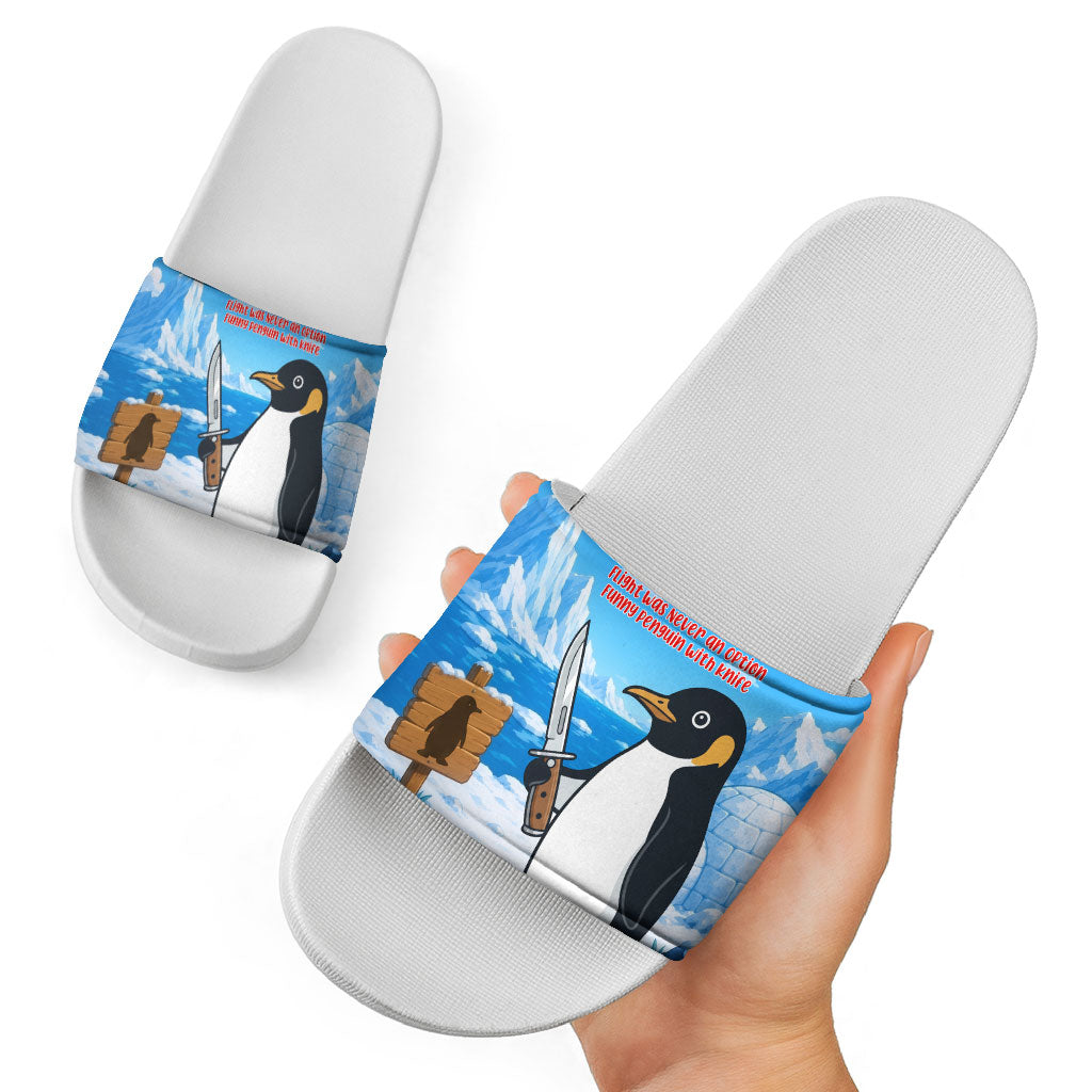 Flight Was Never An Option Funny Penguin With Knife Slide Sandals Animal Meme Humor Comic Graphic
