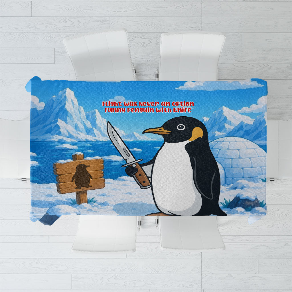 Flight Was Never An Option Funny Penguin With Knife Tablecloth Animal Meme Humor Comic Graphic