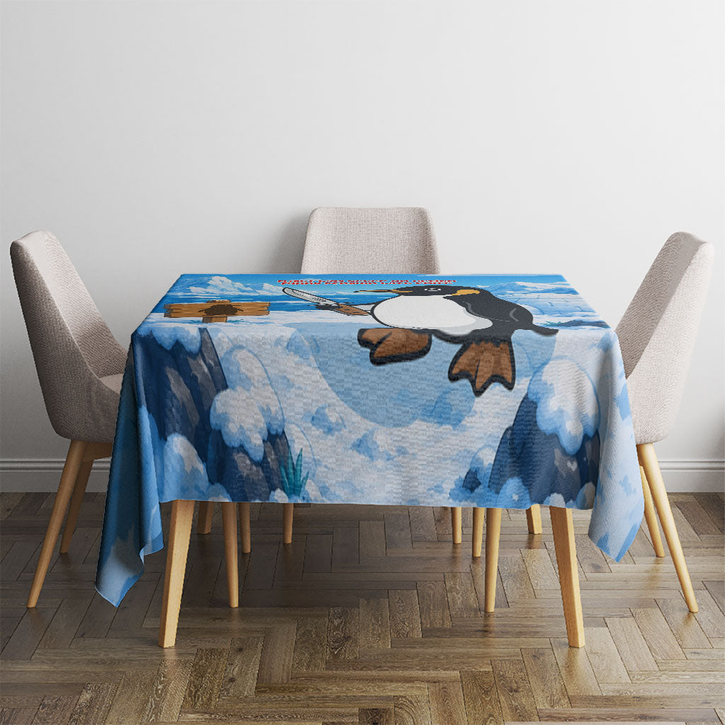 Flight Was Never An Option Funny Penguin With Knife Tablecloth Animal Meme Humor Comic Graphic