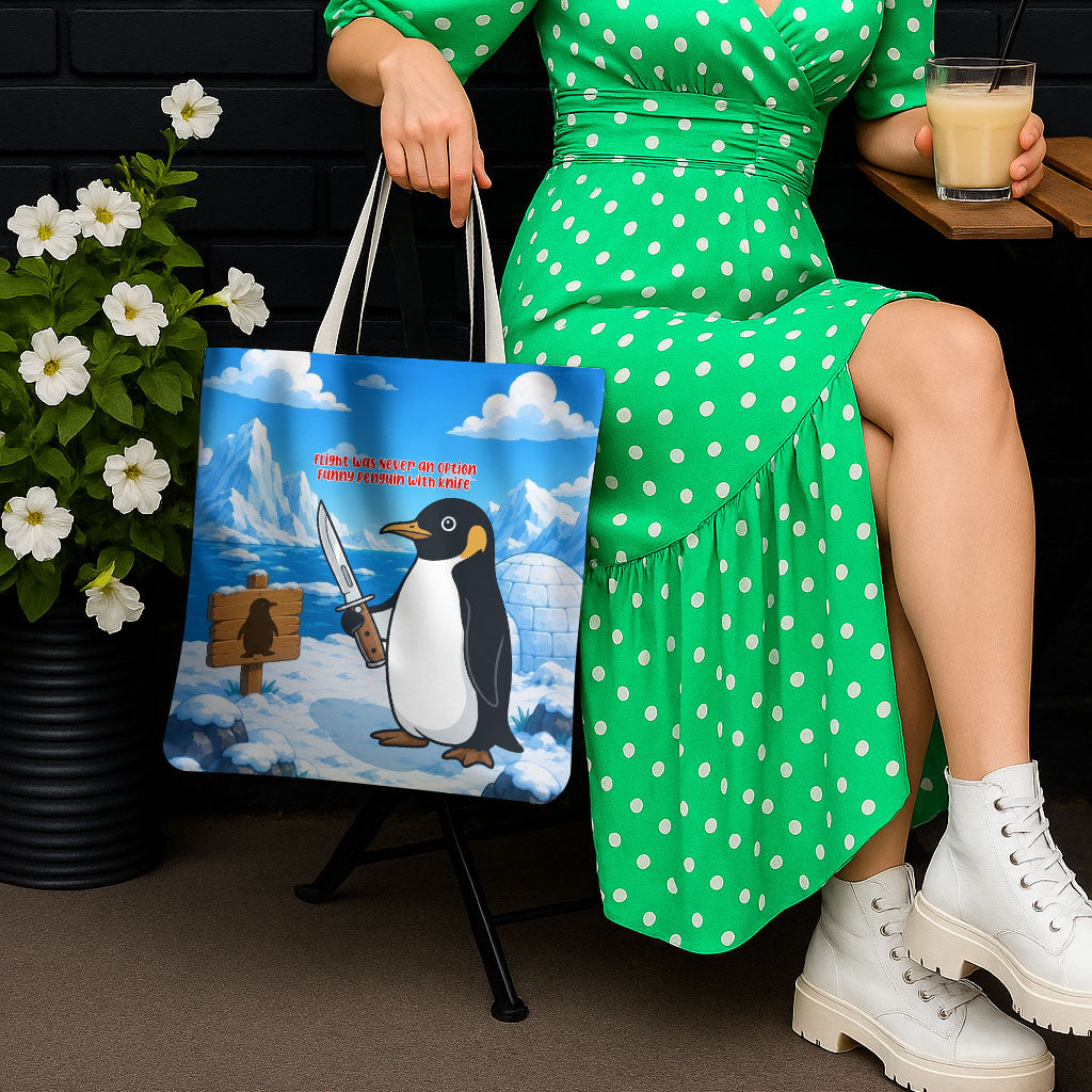 Flight Was Never An Option Funny Penguin With Knife Tote Bag Animal Meme Humor Comic Graphic