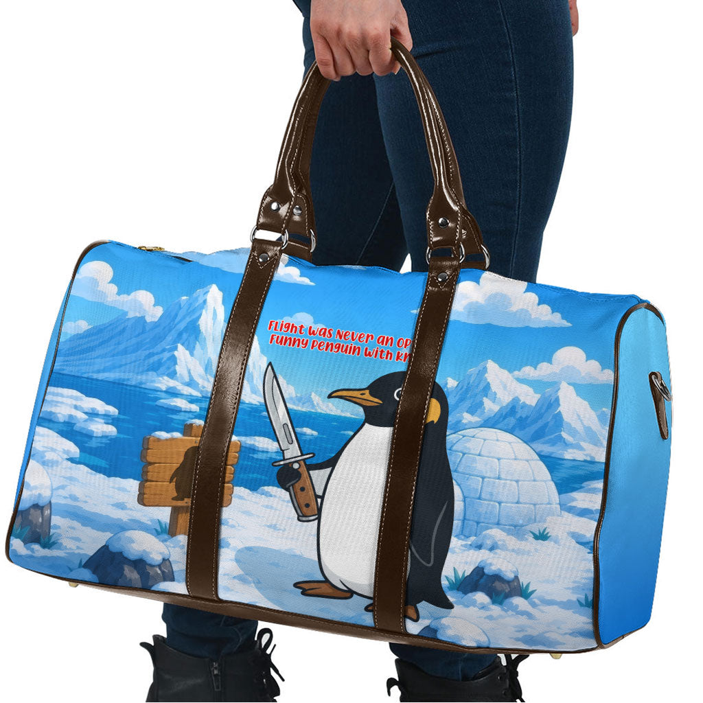 Flight Was Never An Option Funny Penguin With Knife Travel Bag Animal Meme Humor Comic Graphic