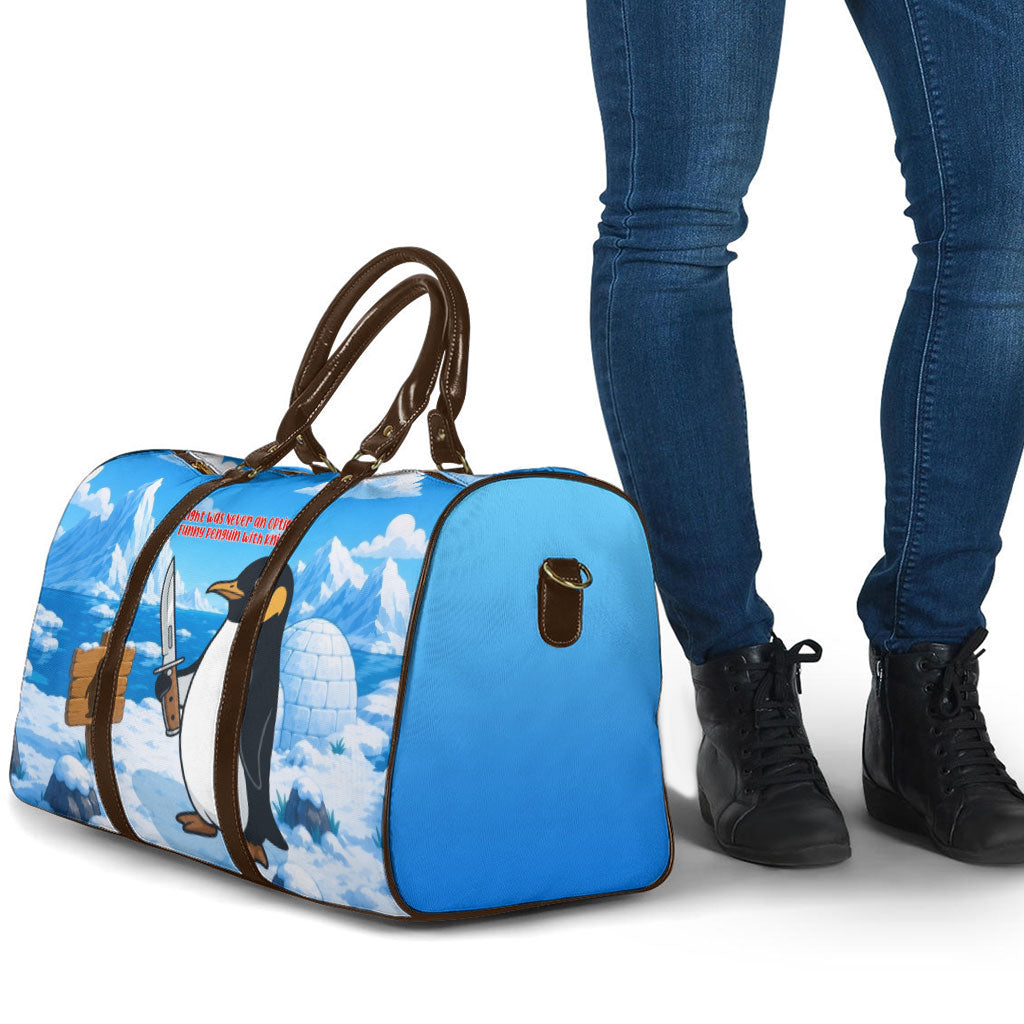Flight Was Never An Option Funny Penguin With Knife Travel Bag Animal Meme Humor Comic Graphic