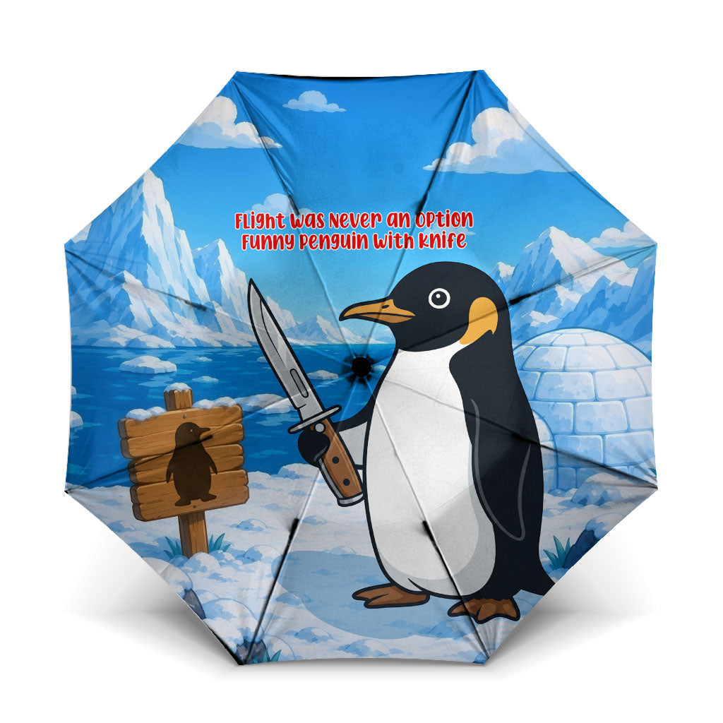 Flight Was Never An Option Funny Penguin With Knife Umbrella Animal Meme Humor Comic Graphic