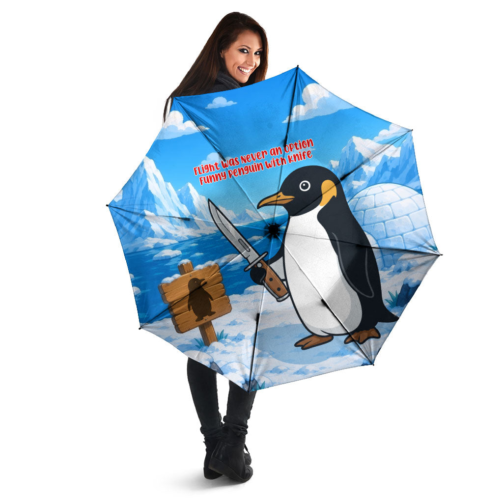 Flight Was Never An Option Funny Penguin With Knife Umbrella Animal Meme Humor Comic Graphic