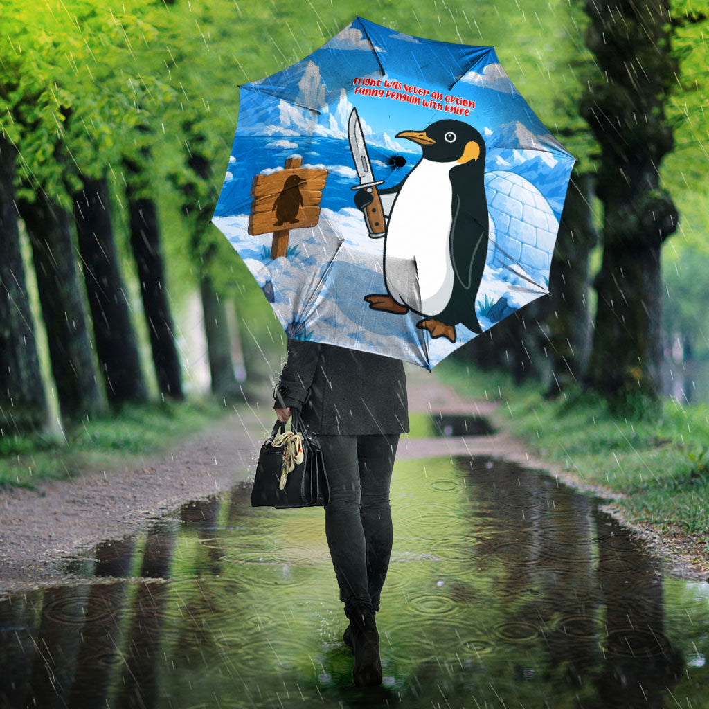 Flight Was Never An Option Funny Penguin With Knife Umbrella Animal Meme Humor Comic Graphic