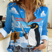 Flight Was Never An Option Funny Penguin With Knife Women Casual Shirt Animal Meme Humor Comic Graphic
