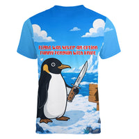 Flight Was Never An Option Funny Penguin With Knife Women V-Neck T-Shirt Animal Meme Humor Comic Graphic
