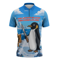 Flight Was Never An Option Funny Penguin With Knife Zipper Polo Shirt Animal Meme Humor Comic Graphic