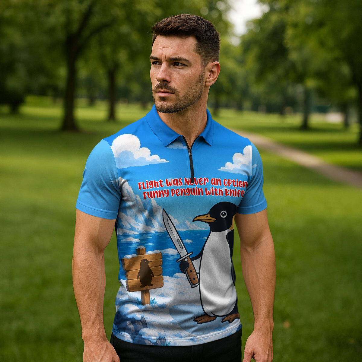Flight Was Never An Option Funny Penguin With Knife Zipper Polo Shirt Animal Meme Humor Comic Graphic