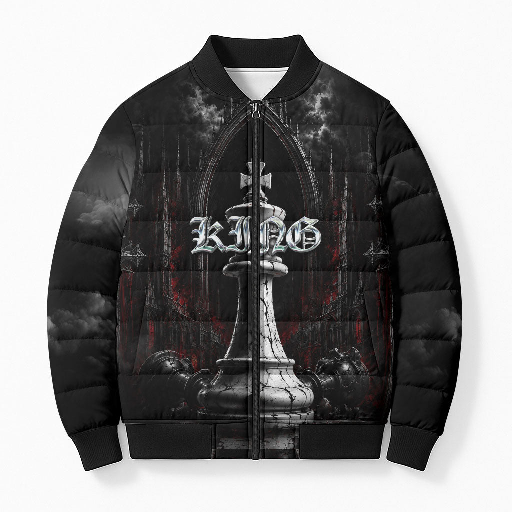 King Chess Piece Bomber Puffer Jacket Dark Gothic Fantasy Board Game Art
