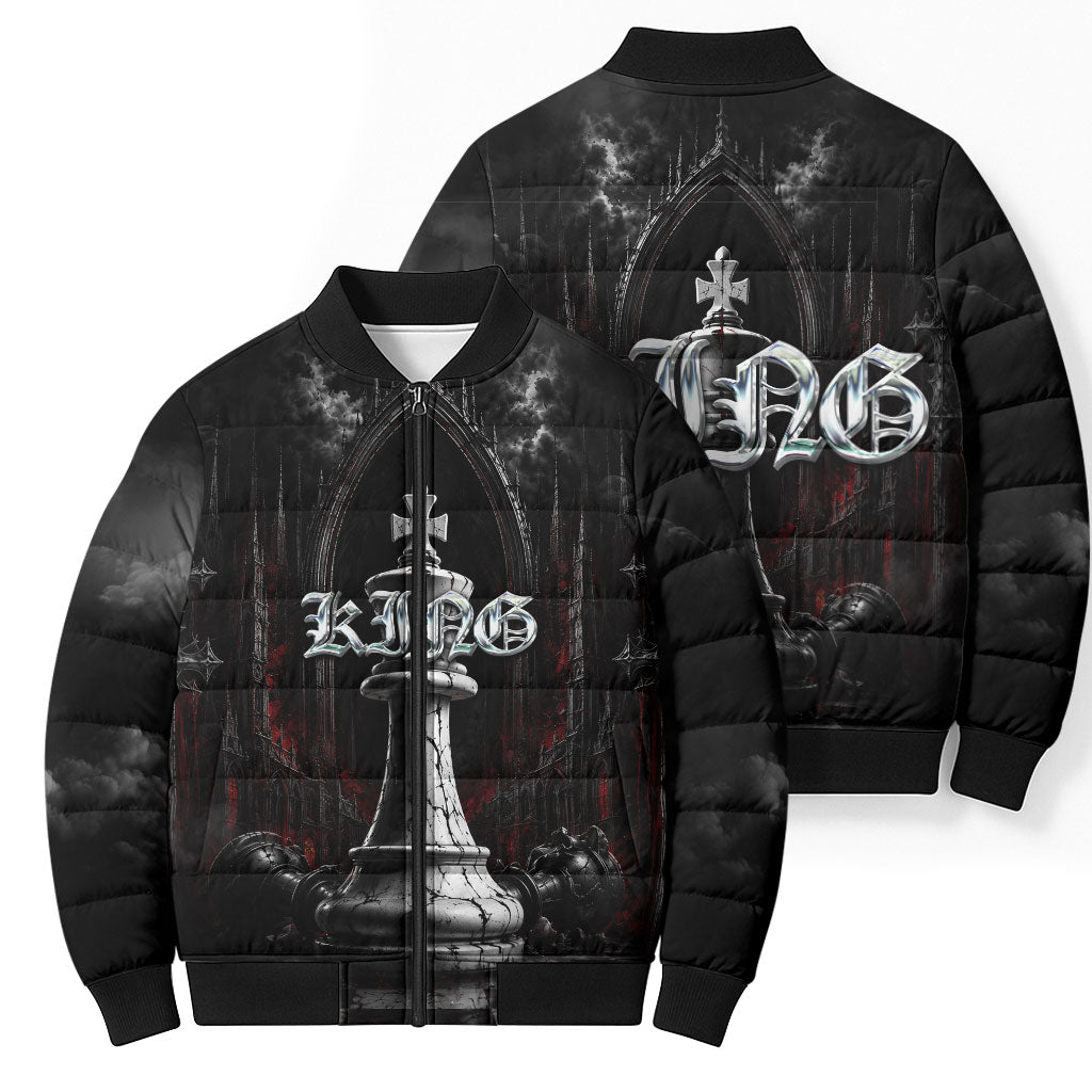 King Chess Piece Bomber Puffer Jacket Dark Gothic Fantasy Board Game Art