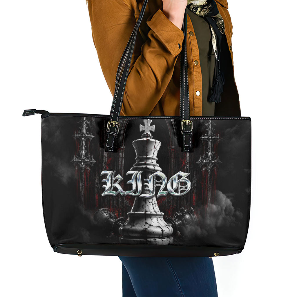King Chess Piece Leather Tote Bag Dark Gothic Fantasy Board Game Art