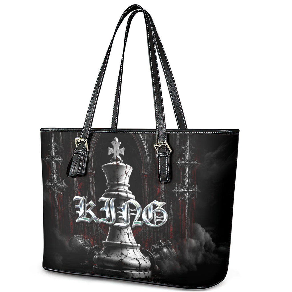 King Chess Piece Leather Tote Bag Dark Gothic Fantasy Board Game Art