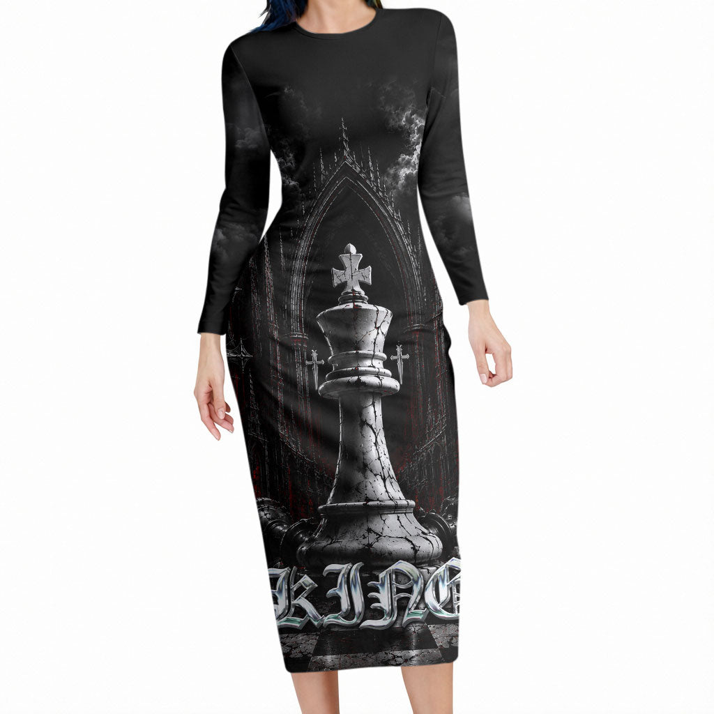 King Chess Piece Long Sleeve Bodycon Dress Dark Gothic Fantasy Board Game Art