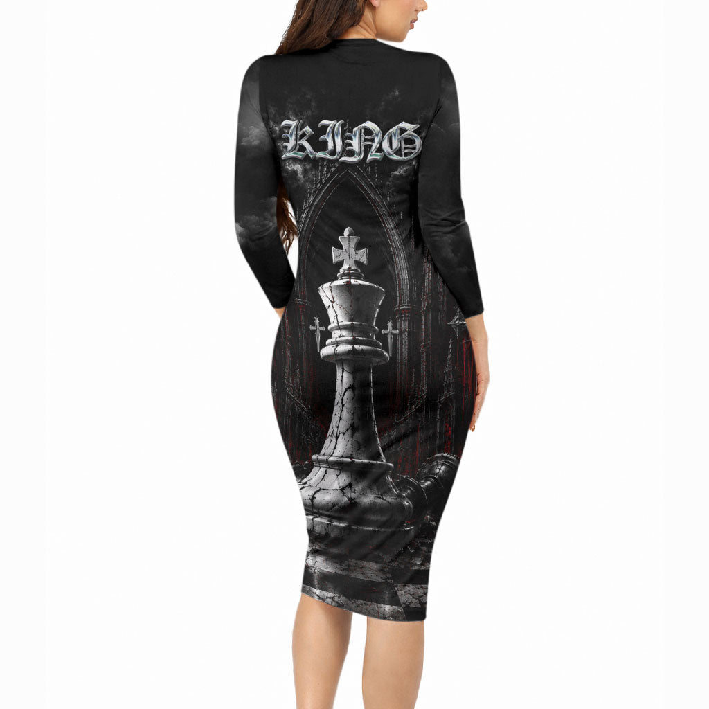 King Chess Piece Long Sleeve Bodycon Dress Dark Gothic Fantasy Board Game Art