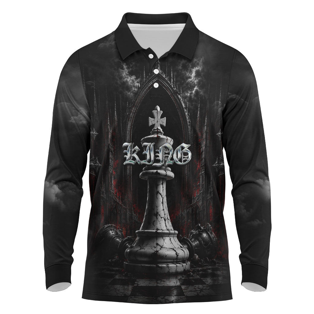 King Chess Piece Long Sleeve Polo Shirt Dark Gothic Fantasy Board Game Art