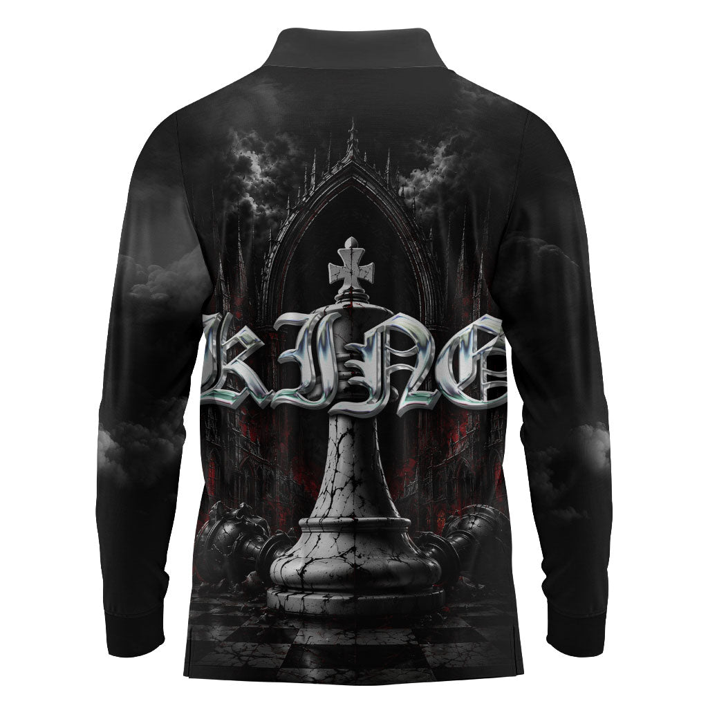 King Chess Piece Long Sleeve Polo Shirt Dark Gothic Fantasy Board Game Art