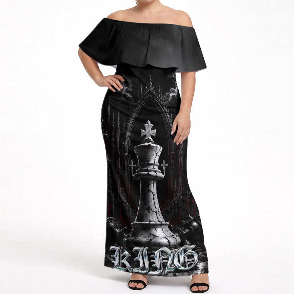 King Chess Piece Off Shoulder Maxi Dress Dark Gothic Fantasy Board Game Art