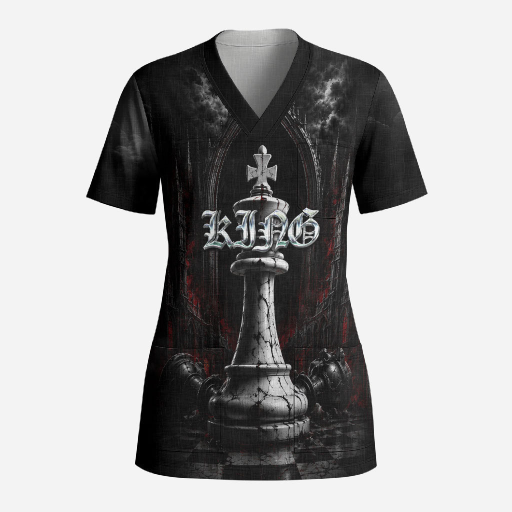 King Chess Piece Scrub Top Dark Gothic Fantasy Board Game Art