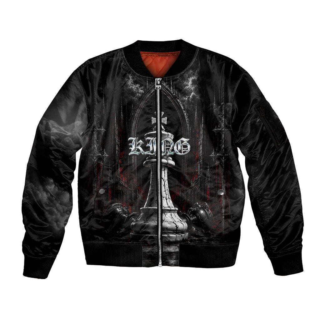 King Chess Piece Sleeve Zip Bomber Jacket Dark Gothic Fantasy Board Game Art