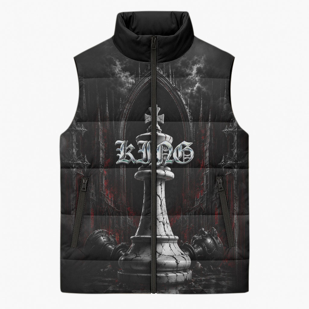 King Chess Piece Sleeveless Puffer Jacket Dark Gothic Fantasy Board Game Art