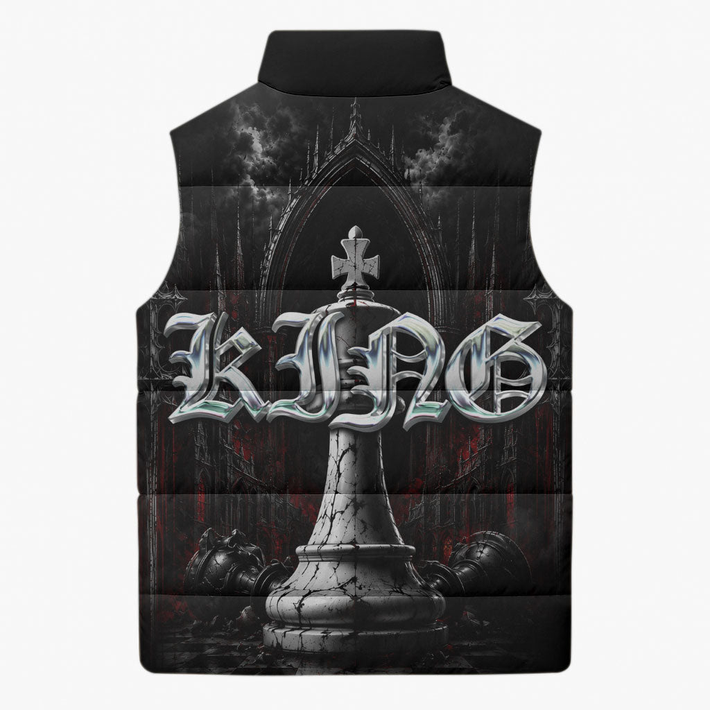 King Chess Piece Sleeveless Puffer Jacket Dark Gothic Fantasy Board Game Art