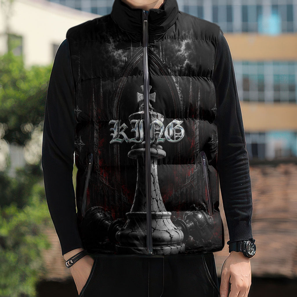 King Chess Piece Sleeveless Puffer Jacket Dark Gothic Fantasy Board Game Art