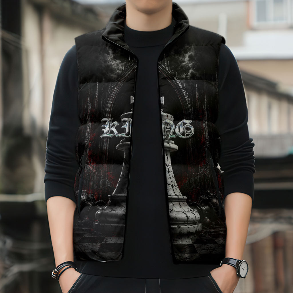 King Chess Piece Sleeveless Puffer Jacket Dark Gothic Fantasy Board Game Art