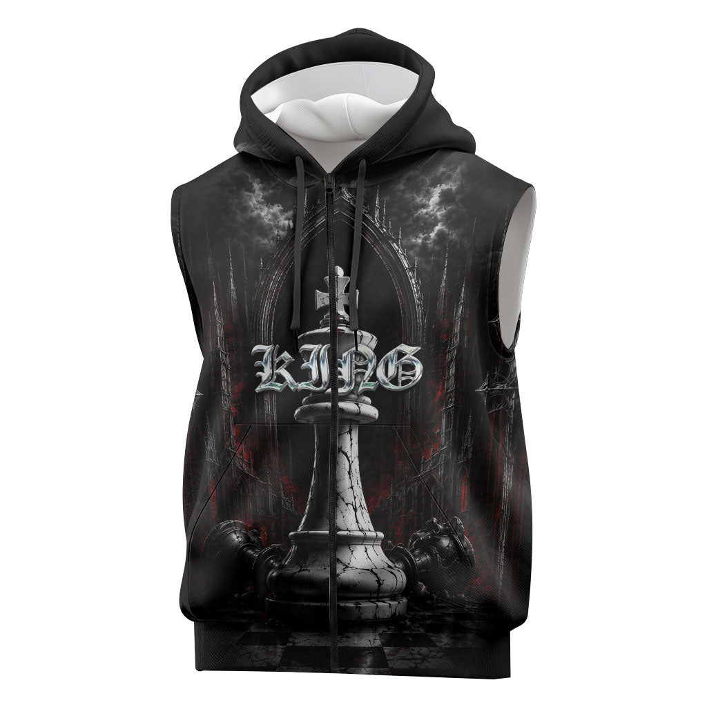 King Chess Piece Sleeveless Zip Hoodie Dark Gothic Fantasy Board Game Art