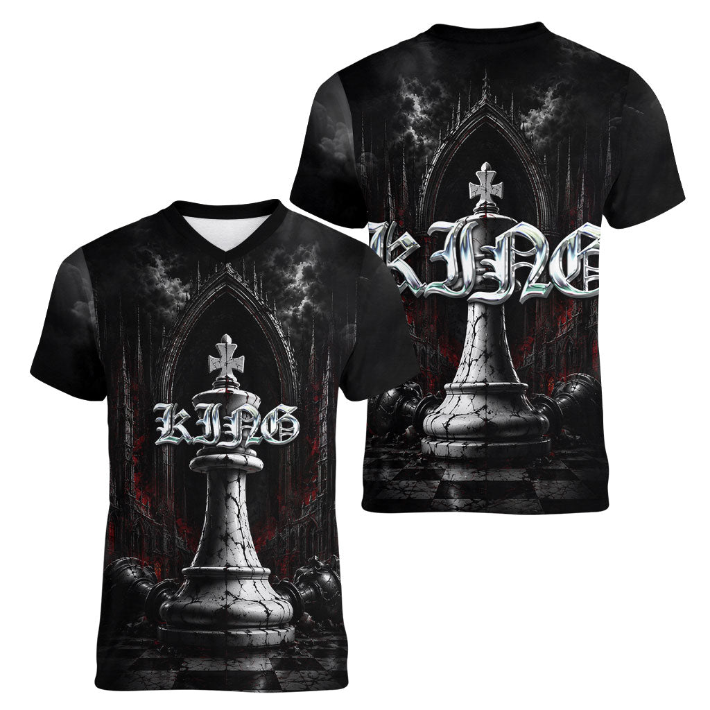 King Chess Piece Women V-Neck T-Shirt Dark Gothic Fantasy Board Game Art