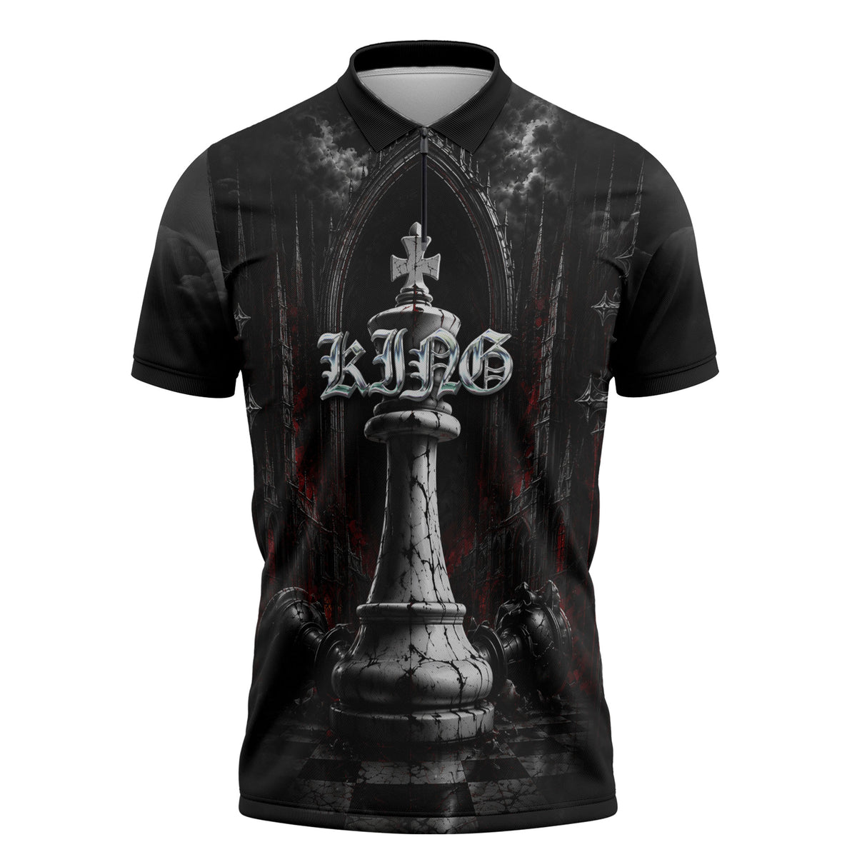 King Chess Piece Zipper Polo Shirt Dark Gothic Fantasy Board Game Art