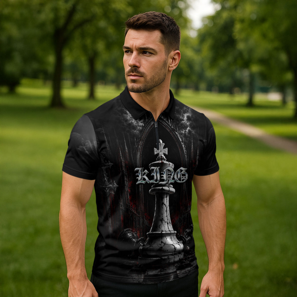 King Chess Piece Zipper Polo Shirt Dark Gothic Fantasy Board Game Art