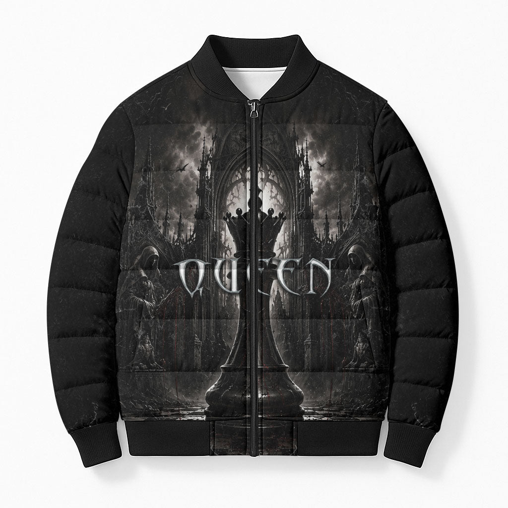Chess Queen Bomber Puffer Jacket Strategic Board Game Gothic Dark Fantasy