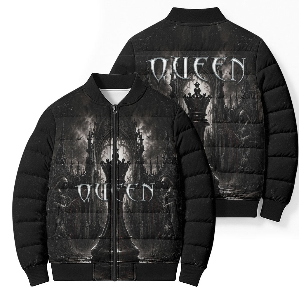 Chess Queen Bomber Puffer Jacket Strategic Board Game Gothic Dark Fantasy