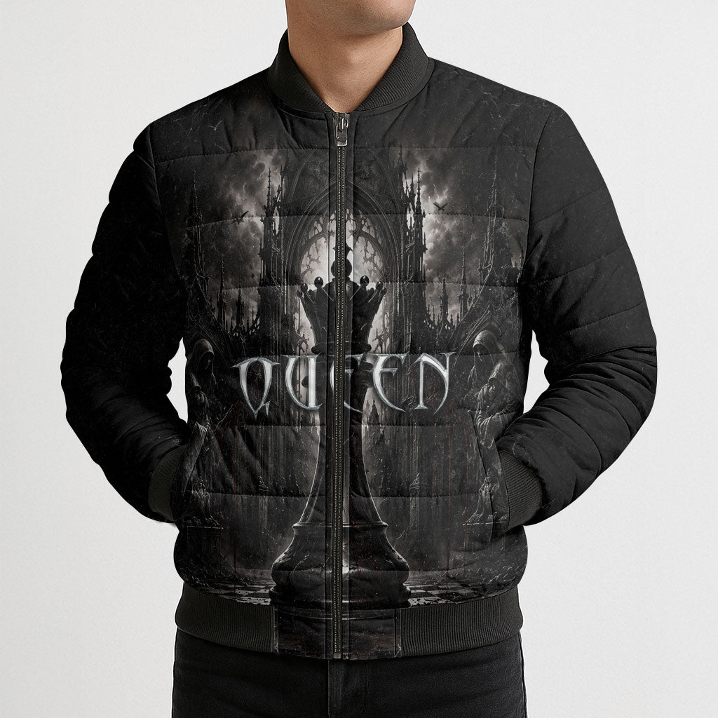 Chess Queen Bomber Puffer Jacket Strategic Board Game Gothic Dark Fantasy