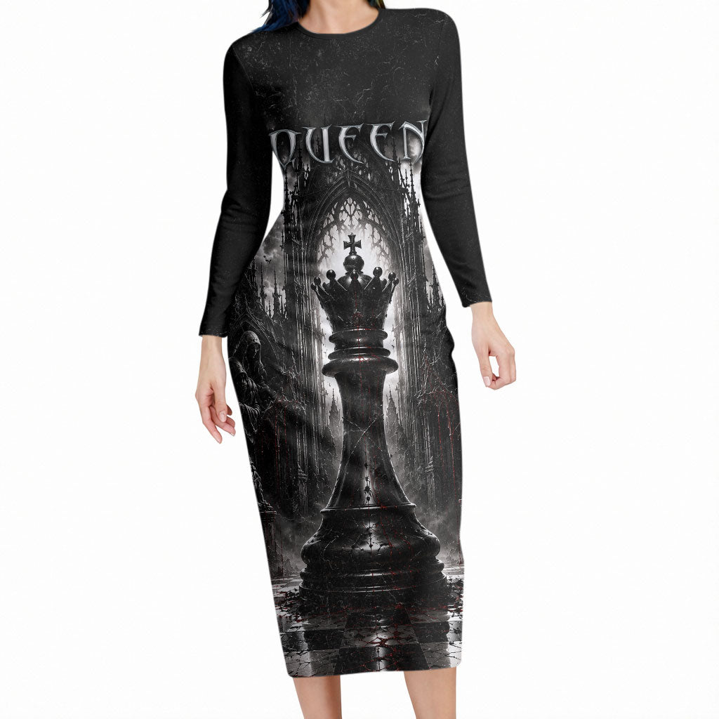 Chess Queen Long Sleeve Bodycon Dress Strategic Board Game Gothic Dark Fantasy