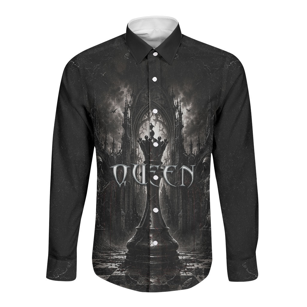 Chess Queen Long Sleeve Button Shirt Strategic Board Game Gothic Dark Fantasy