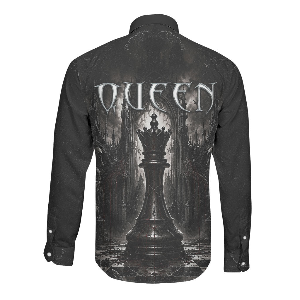 Chess Queen Long Sleeve Button Shirt Strategic Board Game Gothic Dark Fantasy