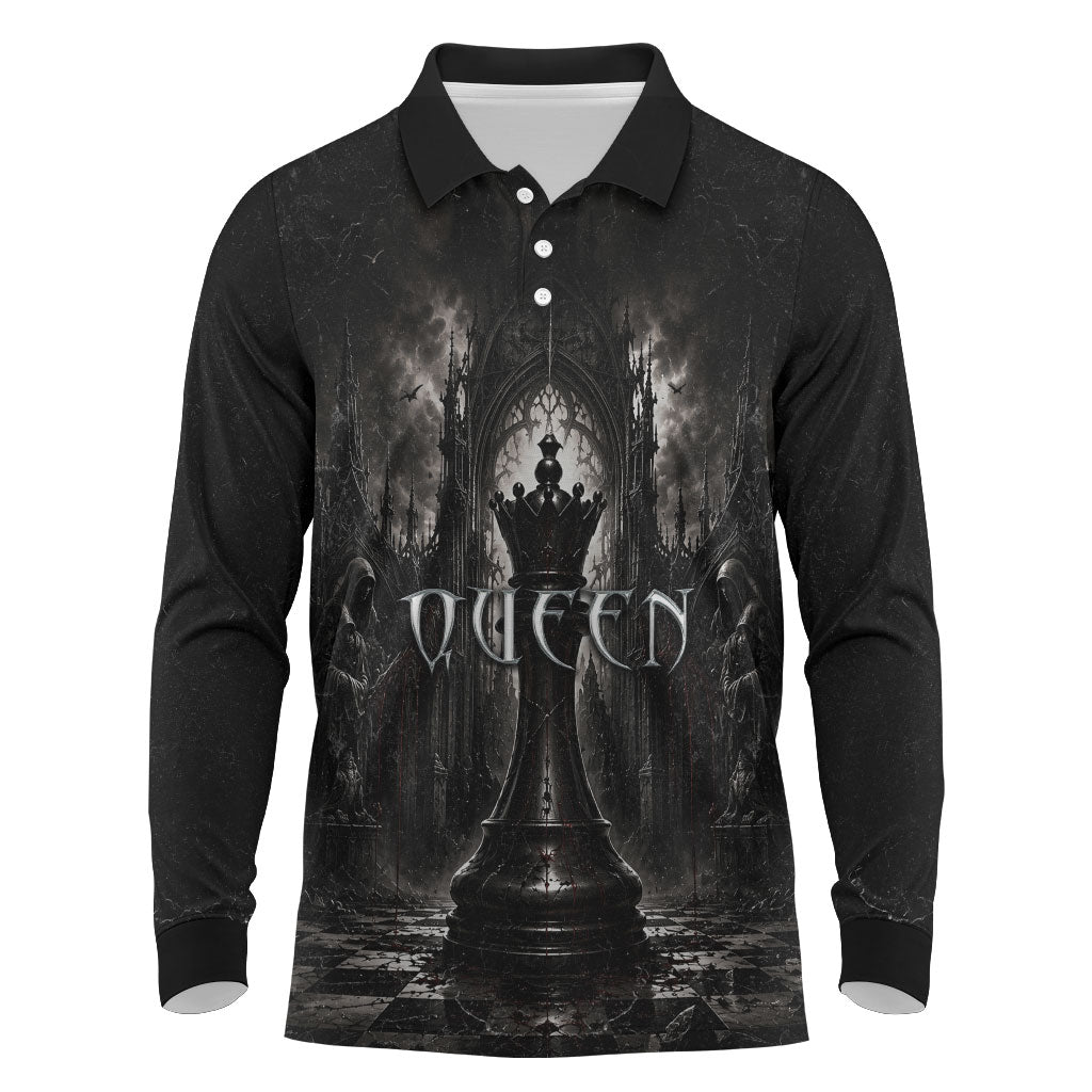 Chess Queen Long Sleeve Polo Shirt Strategic Board Game Gothic Dark Fantasy