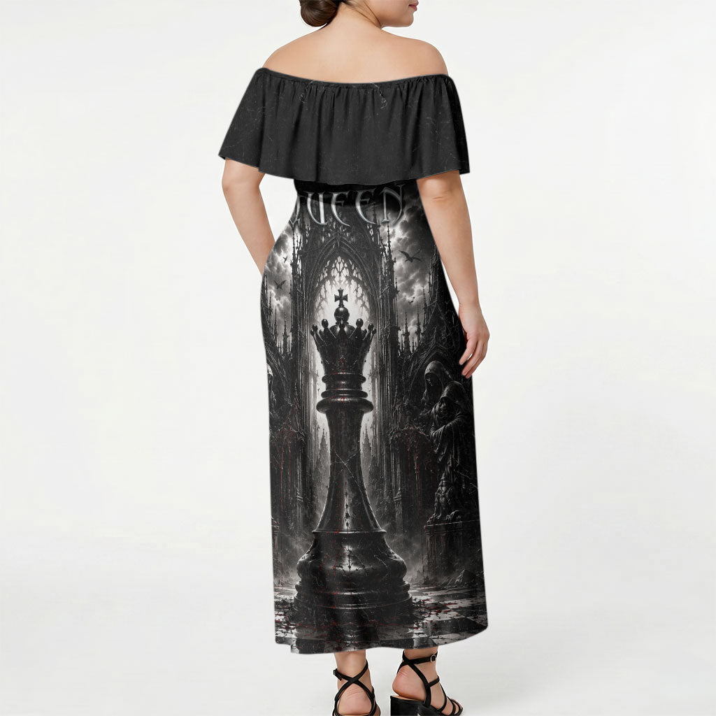Chess Queen Off Shoulder Maxi Dress Strategic Board Game Gothic Dark Fantasy