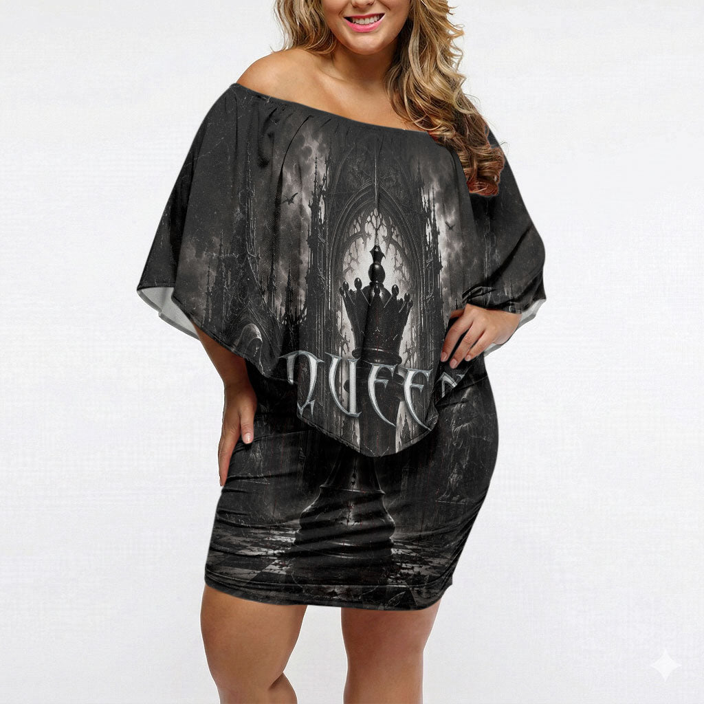 Chess Queen Off Shoulder Short Dress Strategic Board Game Gothic Dark Fantasy