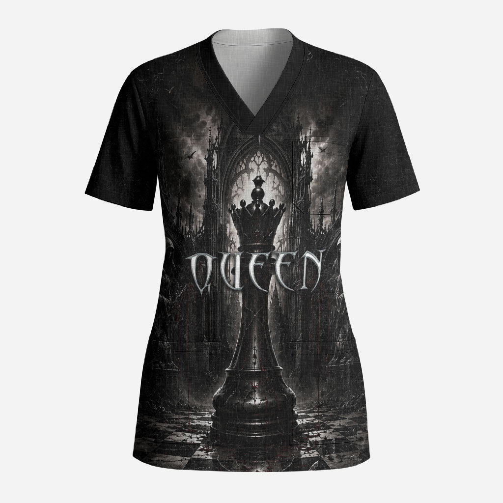 Chess Queen Scrub Top Strategic Board Game Gothic Dark Fantasy