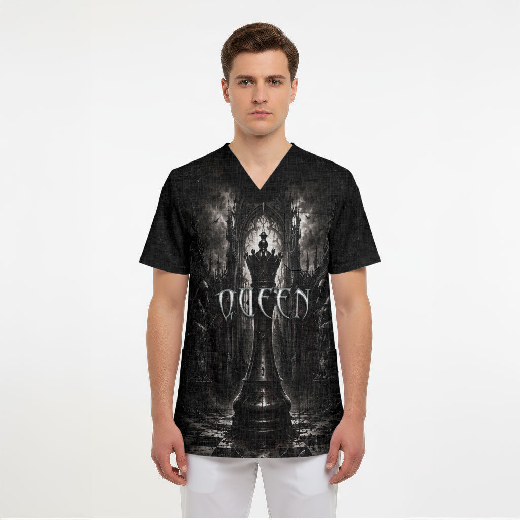 Chess Queen Scrub Top Strategic Board Game Gothic Dark Fantasy