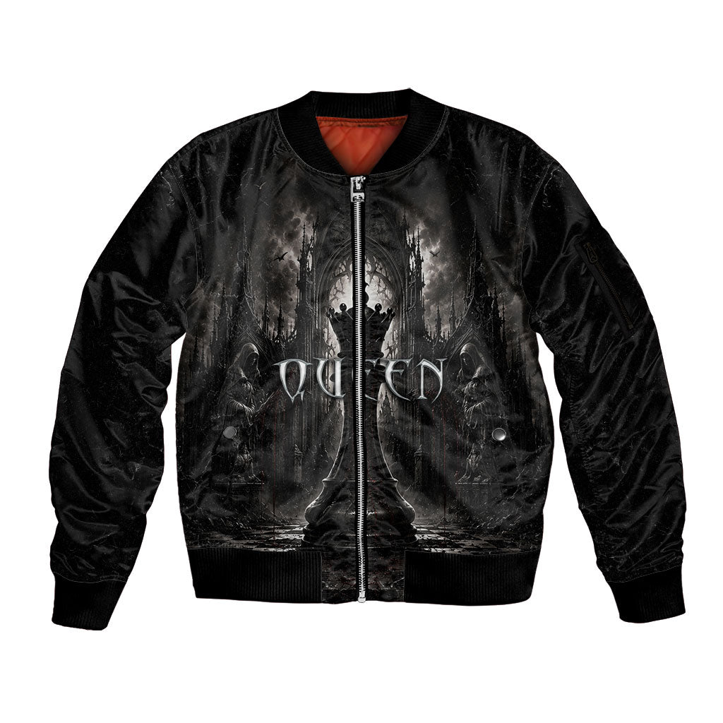 Chess Queen Sleeve Zip Bomber Jacket Strategic Board Game Gothic Dark Fantasy