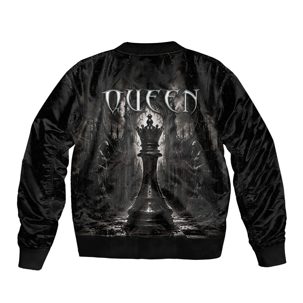 Chess Queen Sleeve Zip Bomber Jacket Strategic Board Game Gothic Dark Fantasy