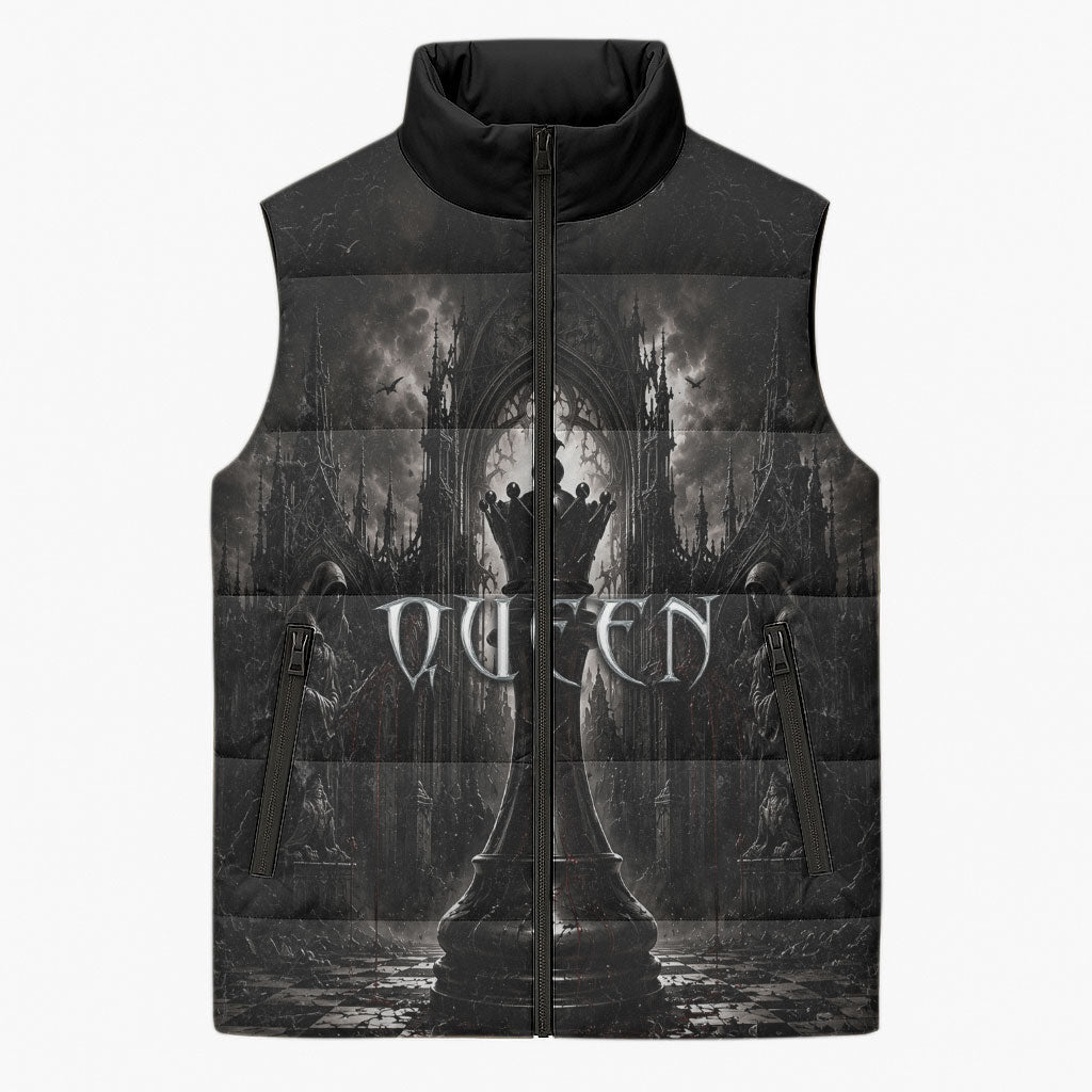 Chess Queen Sleeveless Puffer Jacket Strategic Board Game Gothic Dark Fantasy